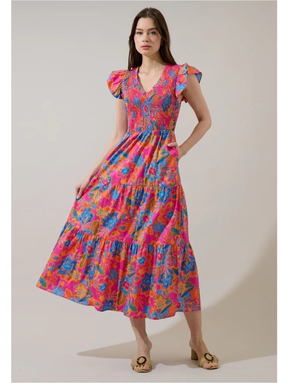Sugarlips Floral Smocked Bodice Tiered Ruffle Midi Dress Small
